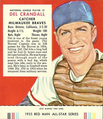 1955 Red Man Tobacco Del Crandall #2 Baseball Card