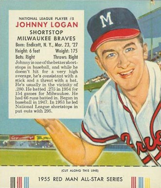 1955 Red Man Tobacco Johnny Logan #5 Baseball Card
