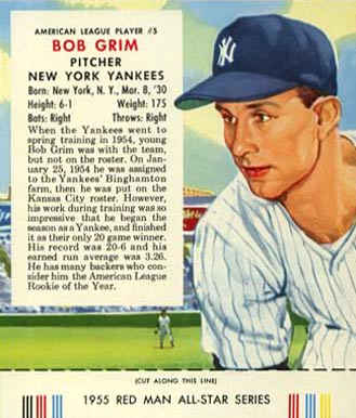1955 Red Man Tobacco Bob Grim #5 Baseball Card