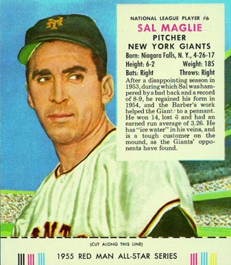 1955 Red Man Tobacco Sal Maglie #6 Baseball Card