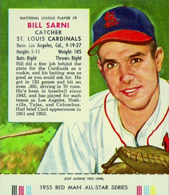 1955 Red Man Tobacco Bill Sarni #9 Baseball Card