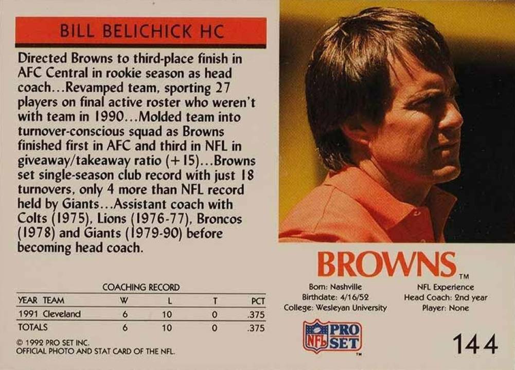 1992 Pro Set Bill Belichick #144 Football Card