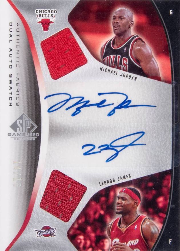 2006 SP Game Used Authentic Fabrics Dual Swatch Autographs LeBron James/Michael Jordan #JJ Basketball Card