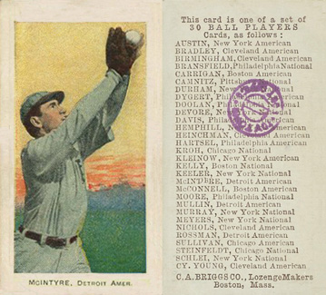 1909 C. A. Briggs Color McIntyre, Detroit Amer. # Baseball Card