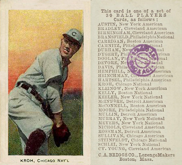 1909 C. A. Briggs Color Kroh, Chicago, Nat'l # Baseball Card