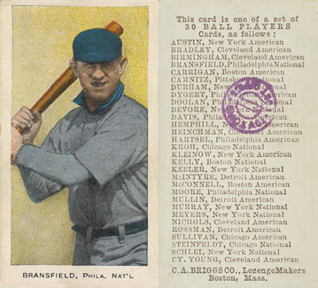 1909 C. A. Briggs Color Bransfield, Phila. Nat'l # Baseball Card