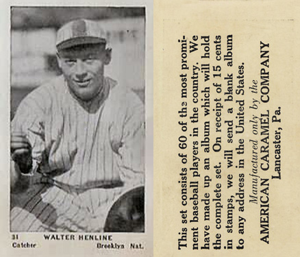 1927 American Caramel--Series of 60 Walter Henline #31 Baseball Card