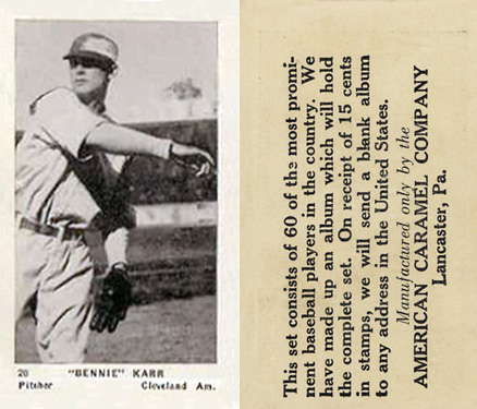 1927 American Caramel--Series of 60 "Bennie" Karr #20 Baseball Card
