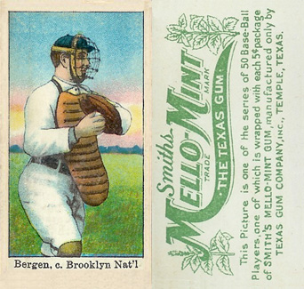 1910 Mello-Mint Bergen, c., Brooklyn Nat'l. # Baseball Card