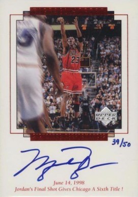 1999 Upper Deck MJ Master Collection Mystery Pack Inserts Jordan's final shot gives Chicago 6th title #10 Basketball Card