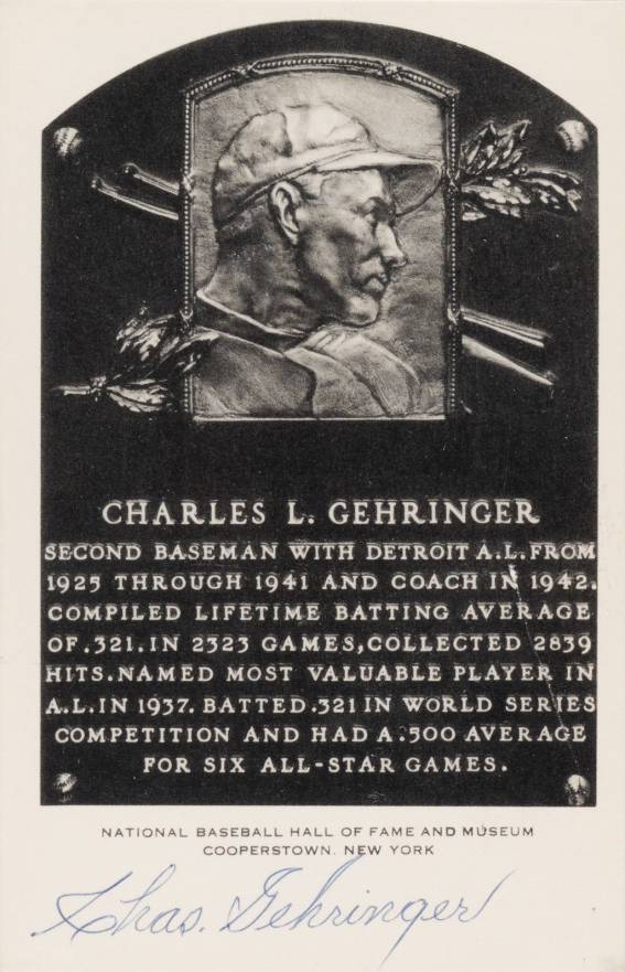 1990 Artvue Hall of Fame Plaque Autographed Charlie Gehringer # Baseball Card