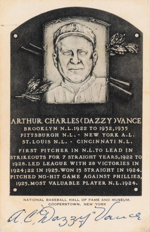 1990 Artvue Hall of Fame Plaque Autographed Dazzy Vance # Baseball Card