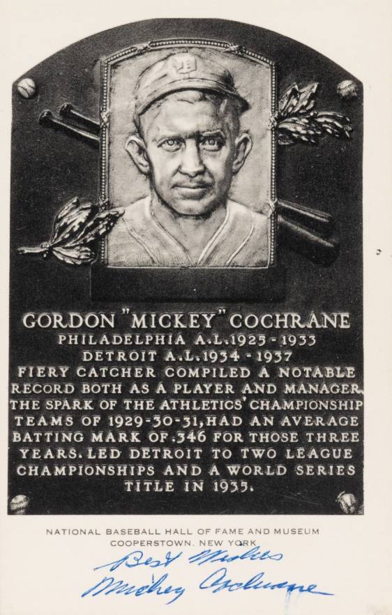 1990 Artvue Hall of Fame Plaque Autographed Mickey Cochrane # Baseball Card