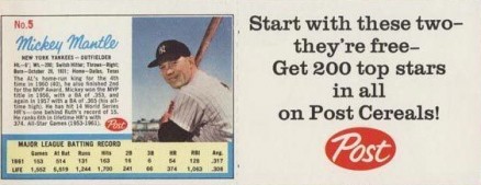 1962 Post Cereal Complete Panel Mantle/Maris # Baseball Card