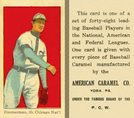1915 American Caramel Zimmerman, 3b. Chicago Nat'l # Baseball Card