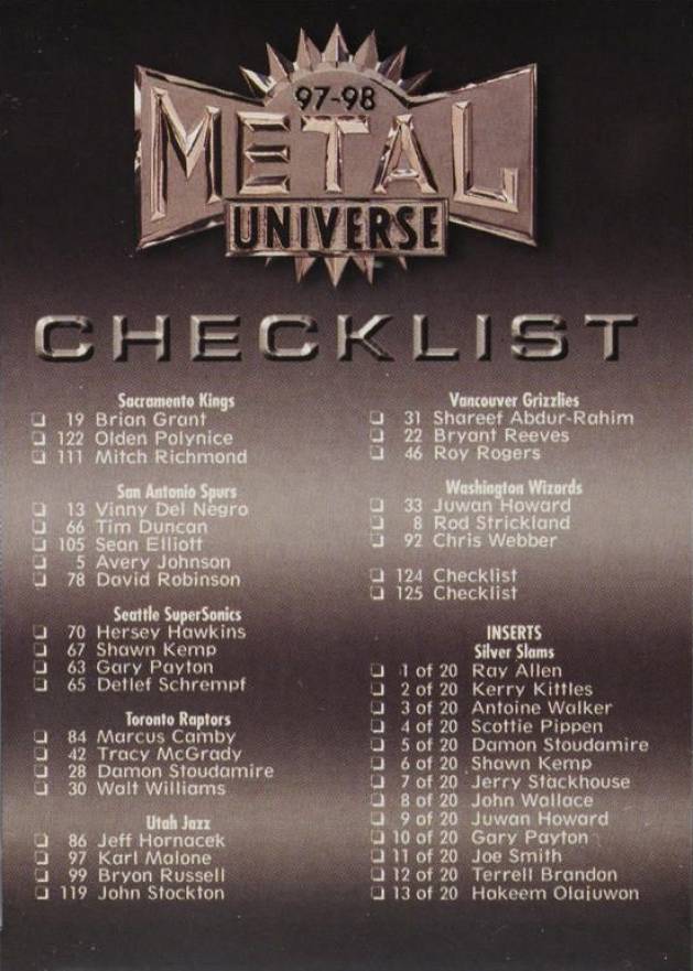 1997 Metal Universe Precious Metal Gems Checklist #125 Basketball Card