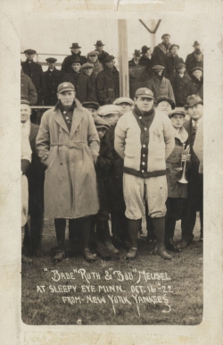1920 Real Photo Postcard 1922 Babe Ruth & Bob Meusel at Sleepy Eye Minn # Baseball Card
