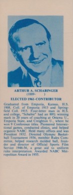 1968 Hall Of Fame Bookmarks Arthur Schabinger # Basketball Card